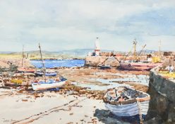 Josiah Sturgeon (1919-1999) British, Boats in a walled harbour at low tide, watercolour, signed,