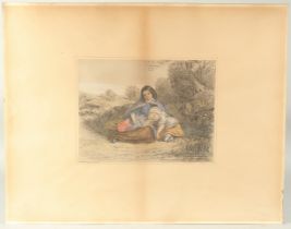 19th Century School, female wayfarers resting on a pathway, charcoal and watercolour, indistinctly