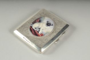 A STERLING SILVER CIGARETTE CASE with an enamel of a dog. Birmingham 1925, 63gms.