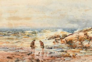John Blair (fl.1885-1888), A rugged coastal scene with two children playing with toy boats,