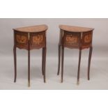 A GOOD PAIR OF LOUIS XVITH STYLE, INLAID HALF MOON SHAPED BEDSIDE CABINET with three drawers. 1ft