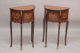 A GOOD PAIR OF LOUIS XVITH STYLE, INLAID HALF MOON SHAPED BEDSIDE CABINET with three drawers. 1ft