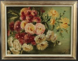 Lucy Bazonel (Early 20th Century). A study of chrysanthemums, oil on canvas, signed, 14" x 18" (36 x