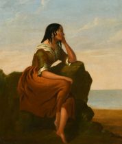 19th Century Continental School. A young woman seated on rocks looking out to sea, oil on canvas.