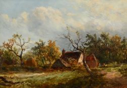Thors, A cottage and barns in a wooded glade with figures, oil on panel , inscription verso and