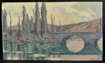 Communaudat, 20th Century, a stone bridge over a river with trees nearby, oil on board, signed, 12.