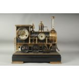 A VERY GOOD LOCOMOTIVE CLOCK a train with three dials,six wheels on a marble base.