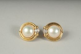A PAIR OF 18CT GOLD LARGE PEARL AND DIAMOND EARRINGS.
