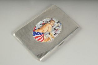 AN ENGINE TURNED CIGARETTE CASE with an enamel of a nude. Birmingham 1944, 132gms.