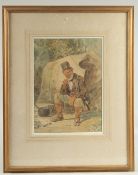 Joseph H. Barnes, late 19th Century. A wayfarer smoking his pipe at camp, watercolour. Signed, 11.5"