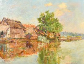 Maaike Adriana Barthelemy-Kronenberg (1886-1970), A flooded farm, oil on canvas, signed, 19.75" x