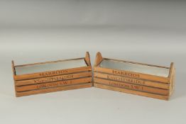 A PAIR OF HARRODS WOODEN BOXES with tin liners. 13ins long.
