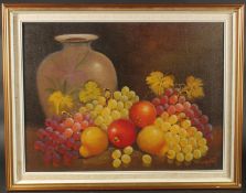 20th Century, A still life of mixed fruit with an urn, oil on canvas, indistinctly. Signed, 18" x