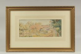 Henry James Sage (1868-1953) Figure on a path by farm buildings, watercolour. Signed, 5.25" x 13.