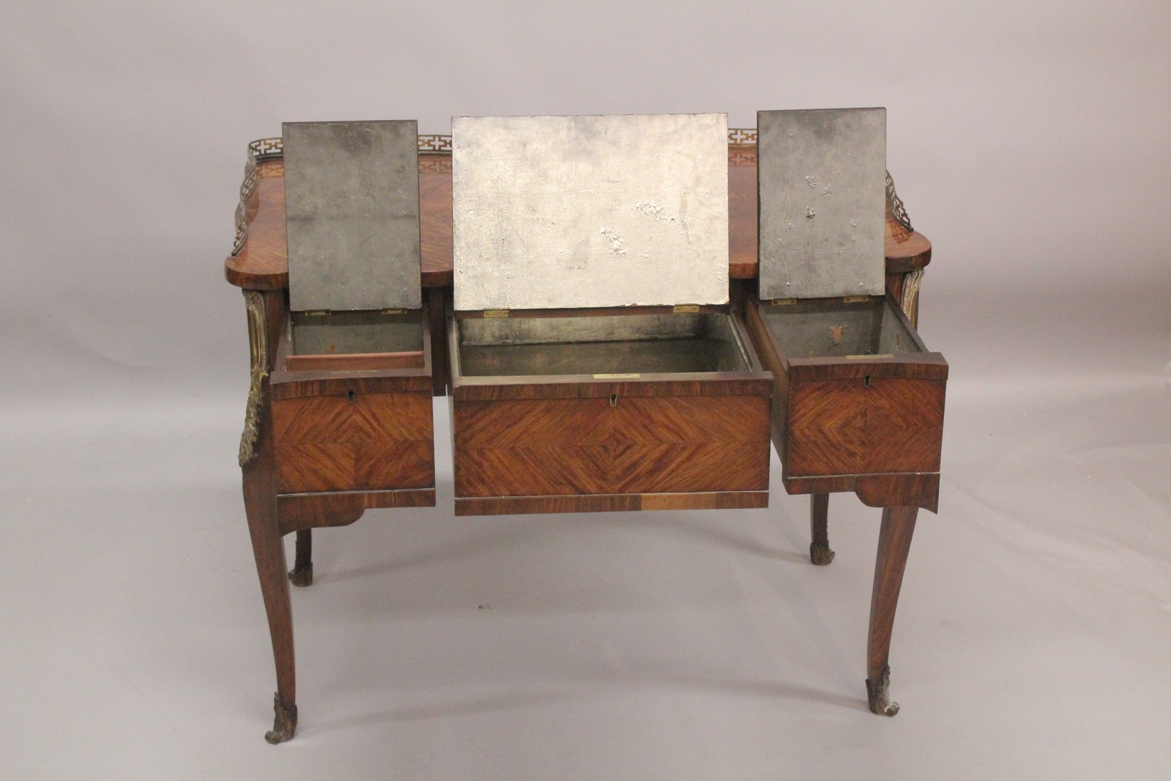 AGOOD 19TH CENTURY FRENCH KINGWOOD PADROUSE with brass galley and quartered top, three freize - Image 2 of 7