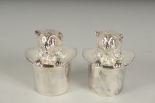 A PAIR OF SILVER PLATED SALT AND PEPPER POTS " Cat in a Hat".