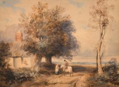 Circle of David Cox, A man on a horse chatting to a lady on a track by a cottage, watercolour, 9.25"