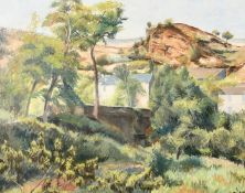A.C. Pleasance, A continental landscape with trees and buildings, oil on board, inscribed verso
