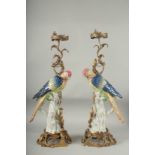 A GOOD PAIR OF BLUE PORCELAIN PARAKEET CANDLESTICKS with gilt metal candle holders, standing on a