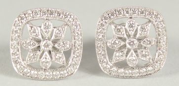 A SUPERB PAIR OF 18CT WHITE GOLD DECO STYLE DIAMOND SET EARRINGS in a box.