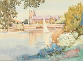 Alfred John Billingshurst (1880-1963) 'Isleworth', a view of a church from the river, watercolour,