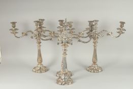 A SUPERB SET OF FOUR OLD SHEFFIELD PLATE, TWO BRANCH CHANDELIERS adapted to stack to a five light