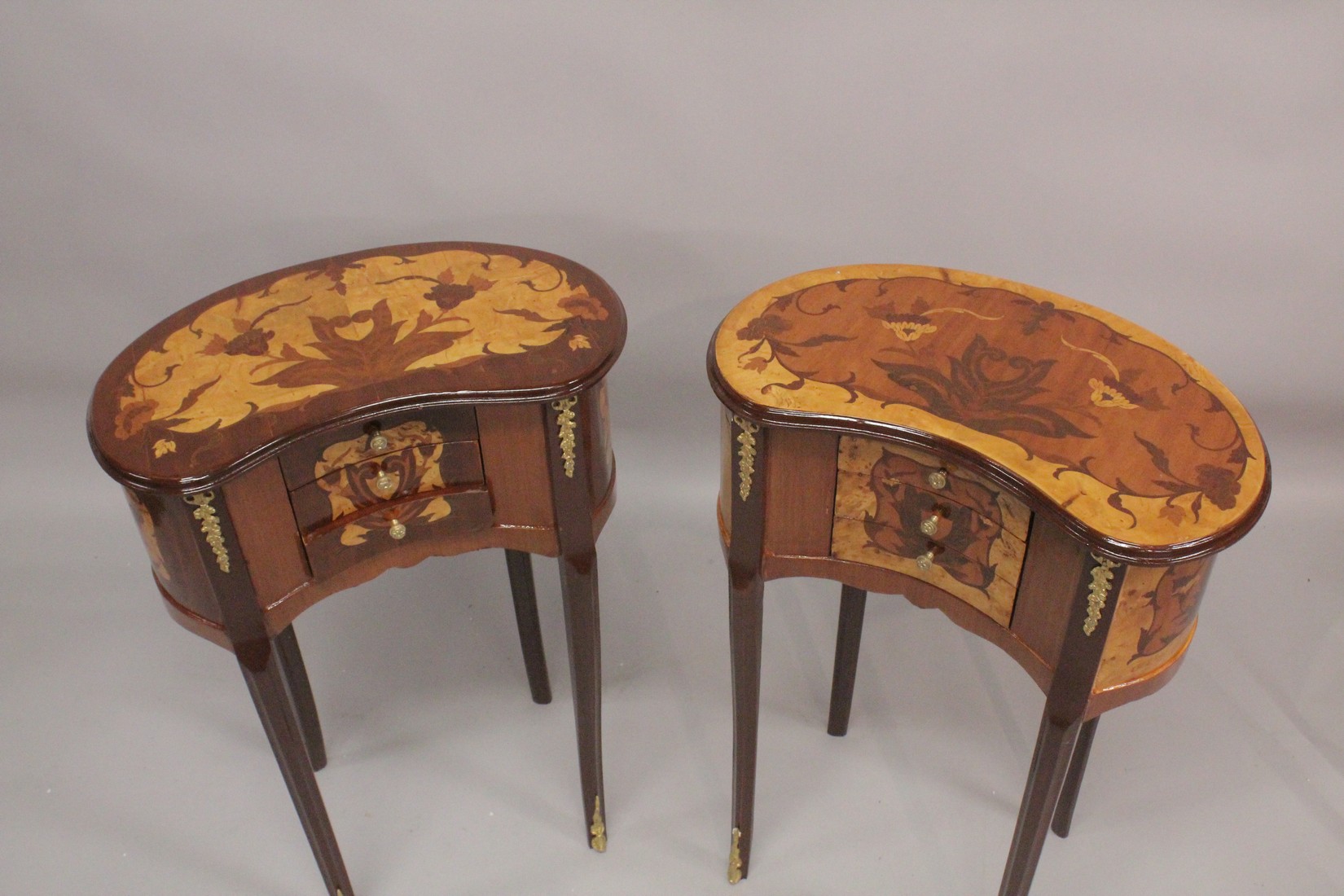 A GOOD PAIR OF LOUIS XVITH STYLE, INLAID KIDNEY SHAPED BEDSIDE CABINET with three drawers. 1ft - Image 2 of 2