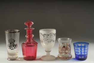 A SMALL RUBY DECANTER AND STOPPER, silver overlay beaker, a knop beaker and a blue and white