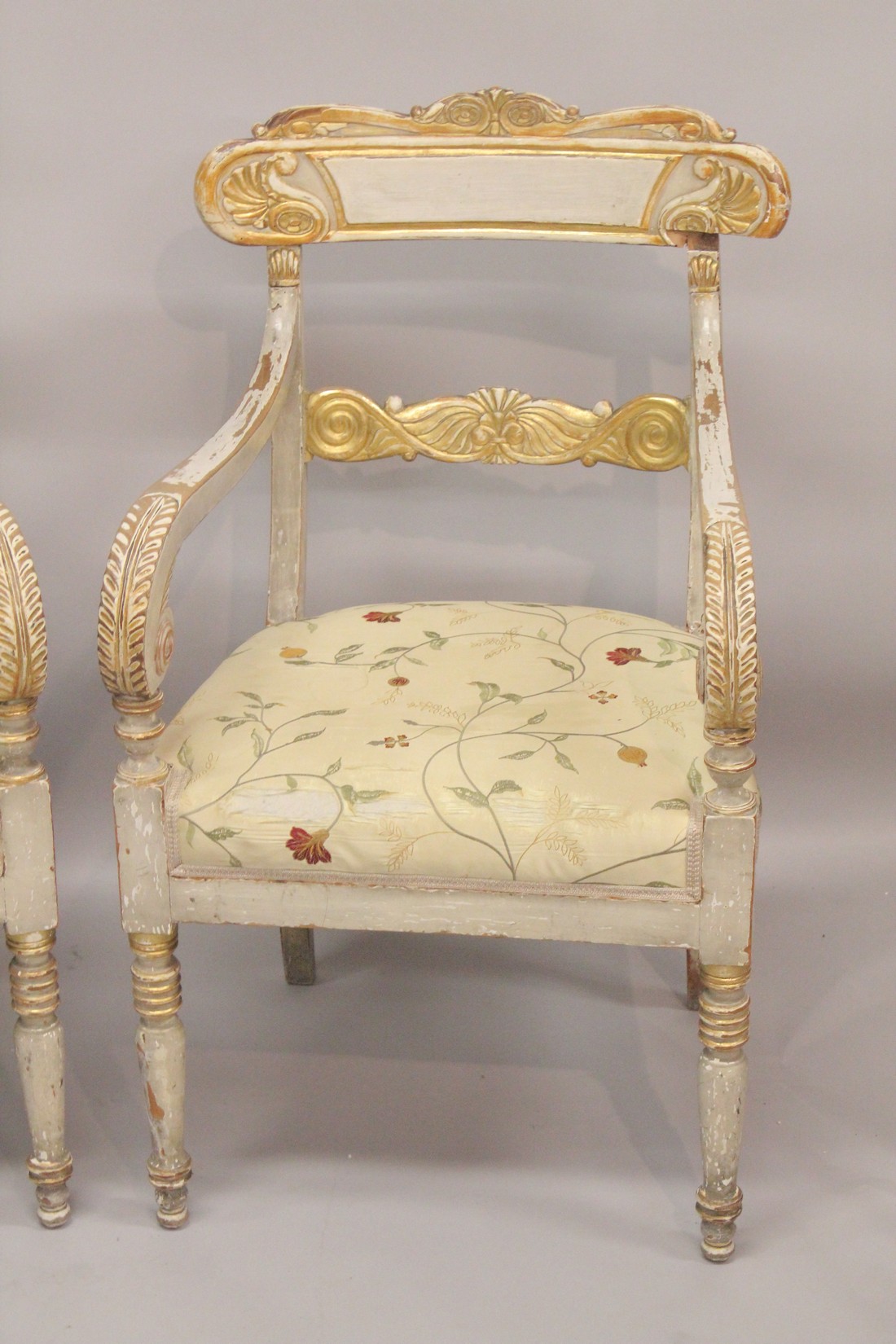 A GOOD PAIR OF REGENCY CREAM PAINTED AND GILDED ARM CHAIRS with accanthus curving drop in padded - Image 3 of 3