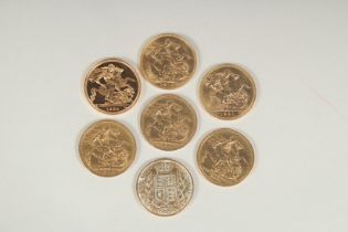 SEVEN VARIOUS VICTORIAN AND LATER GOLD SOVEREIGNS. 1873, 1876, 1892, 1900, 1910, 1931 & 1985.
