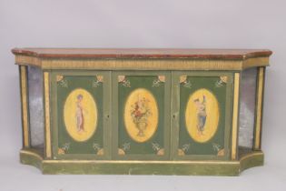 A VERY GOOD PAIR OF PAINTED SHERATON SIDE CABINETS, FAUX SATINWOOD, painted with garlands, the front