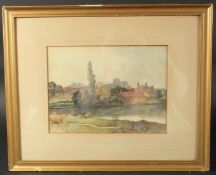 A.W. Rich, A view across a river to houses, a church and village beyond, watercolour, signed, 8" x