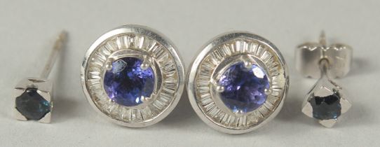TWO PAIRS OF 18CT WHITE GOLD SAPPHIRE STUD EARRRINGS.