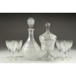 A GOOD CUT GLASS SHERRY DECANTER AND STOPPER, SIX GLASSES AND BOWL AND COVER.(8).