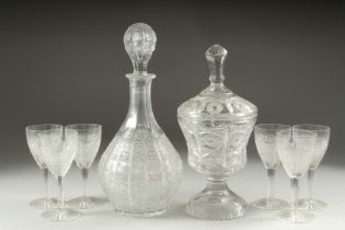 A GOOD CUT GLASS SHERRY DECANTER AND STOPPER, SIX GLASSES AND BOWL AND COVER.(8).