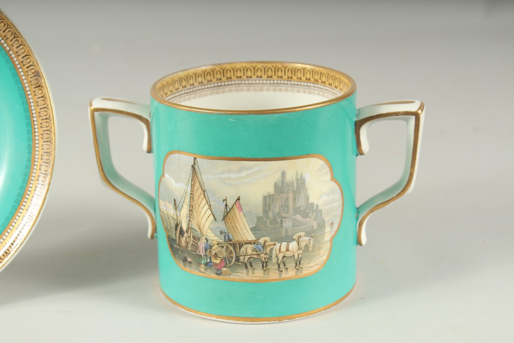 A PRATT WARE TWO HANDLED MUG AND A PLATE, Il Penseroso, 2ins high (2). - Image 4 of 8