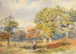 W. Bennett, A man on the edge of a wood using a wood stump to trim cut branches, watercolour,