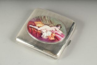 AN ENGINE TURNED SILVER CIGARETTE CASE. Birmingham 1922, 87gms, with an oval enamel nude.