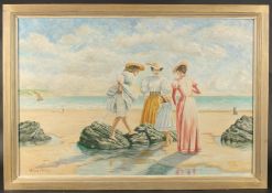 Michael Wood (20th Century). Female figures and a child near a rock pool on a sandy beach, ships out
