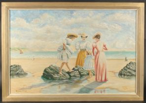 Michael Wood (20th Century). Female figures and a child near a rock pool on a sandy beach, ships out