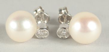 A GOOD PAIR OF 10.5CM CULTURED PEARL AND DIAMOND EARRINGS set in 18ct white gold, in a box.