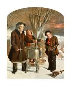 Late 19th Century English School, a potato seller and other figures gathered by a frozen lake at