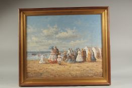 S. Hobbs (20th Century), Manner of Boudin, Edwardian figures on a beach, oil on canvas, 20" x 24" (