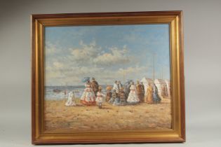 S. Hobbs (20th Century), Manner of Boudin, Edwardian figures on a beach, oil on canvas, 20" x 24" (