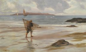 Charles Sim Mottram (1876-1919), a fisherman and his nets on a beach, oil on canvas, signed, 16" x