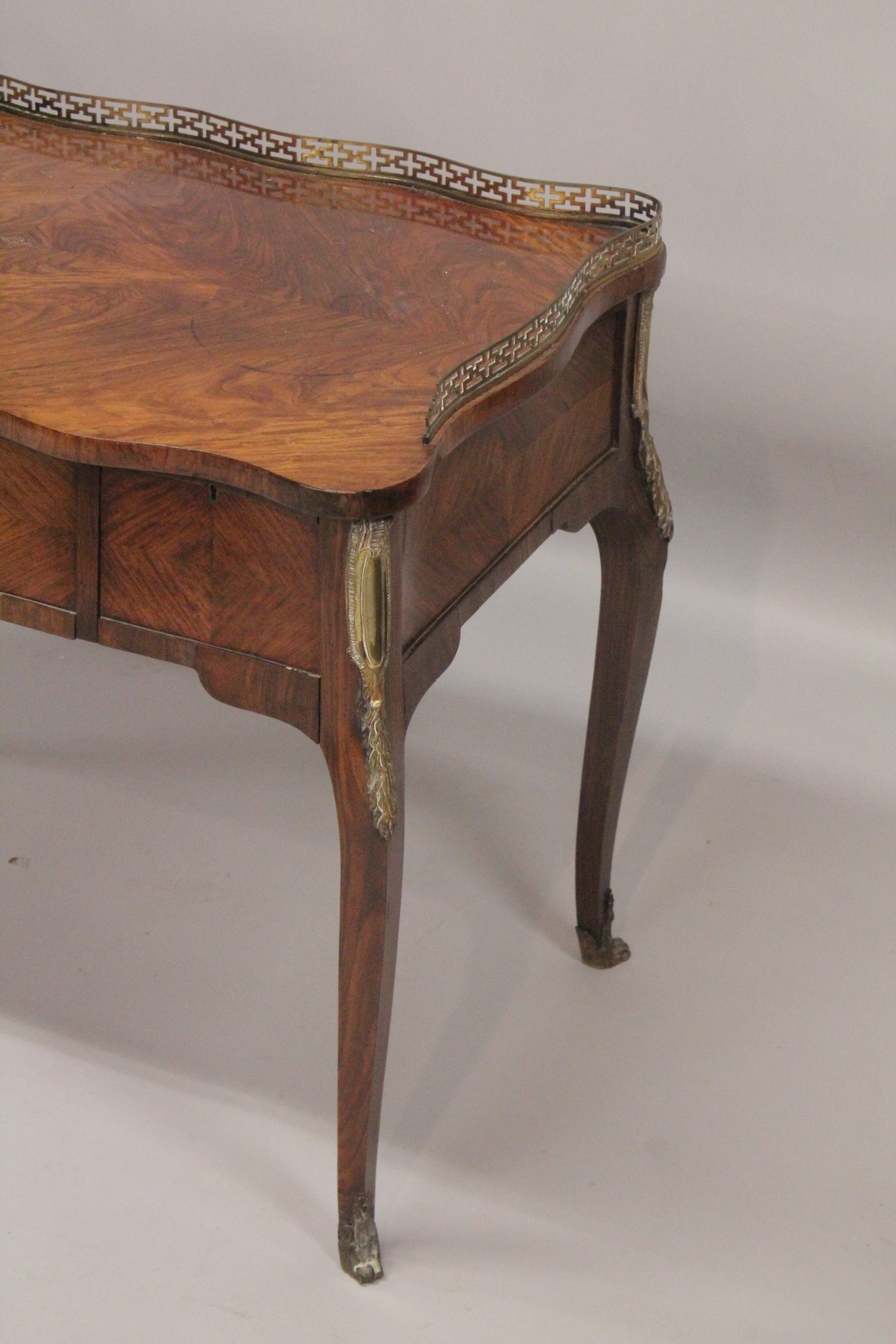 AGOOD 19TH CENTURY FRENCH KINGWOOD PADROUSE with brass galley and quartered top, three freize - Image 6 of 7