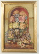 English School, Circa 1943, a still life of flowers in an alcove surrounded by Oriental objects, oil