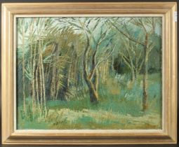 A view of Bamboo and trees, oil on canvas. 14" x 18", (35.5x46cm).