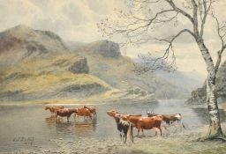 Edward .J. Duval (1838-1923) British, Cattle watering at the edge of a loch with mountains beyond,
