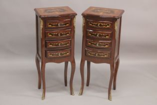 A GOOD PAIR OF LOUIS XVITH STYLE INLAID BEDSIDE CABINETS with four drawers. 1ft 1ins wide x 2ft 8ins